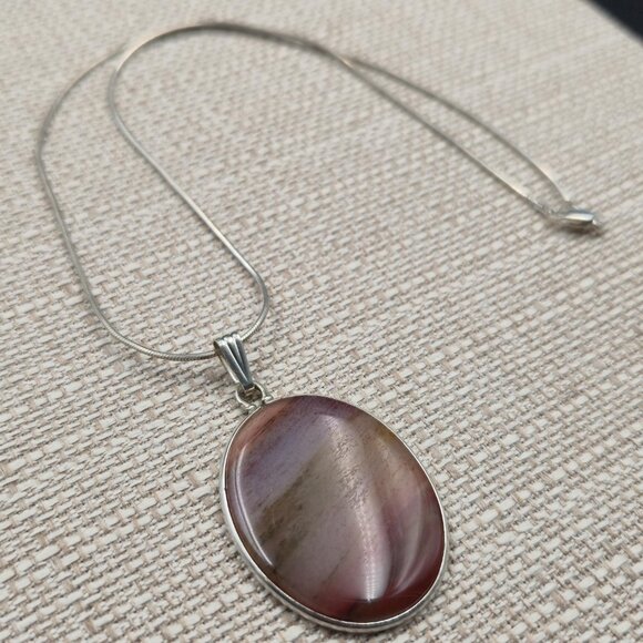 18 Inch Sterling Silver Large Banded Agate Stone Necklace B847 - Picture 2 of 7